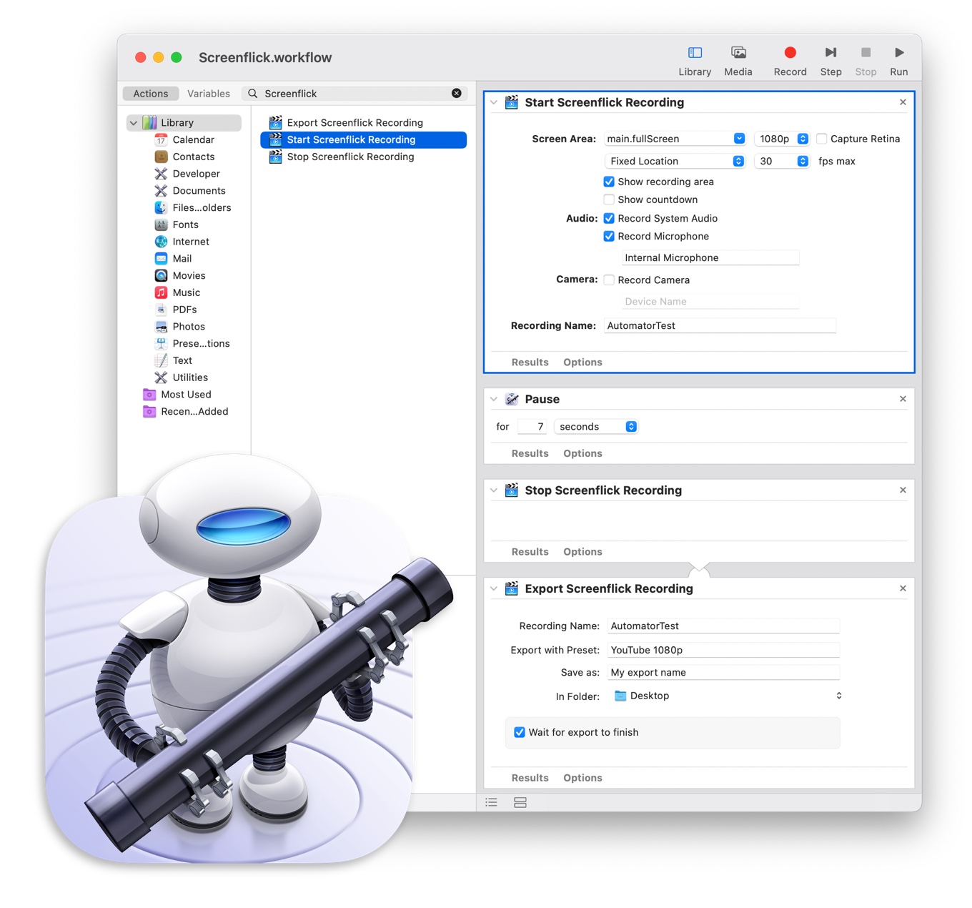 Screenflick's actions in Automator
