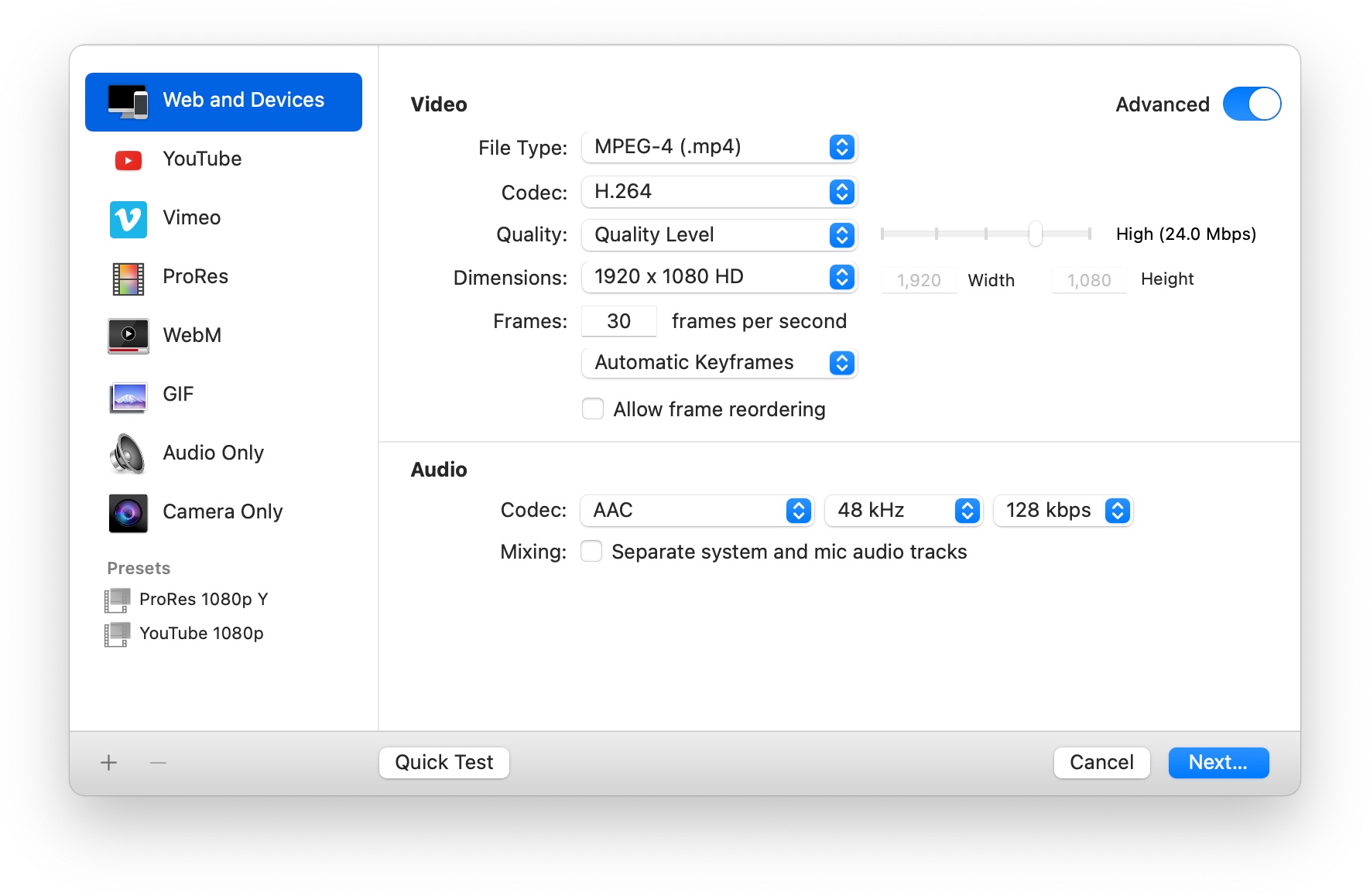 The export panel