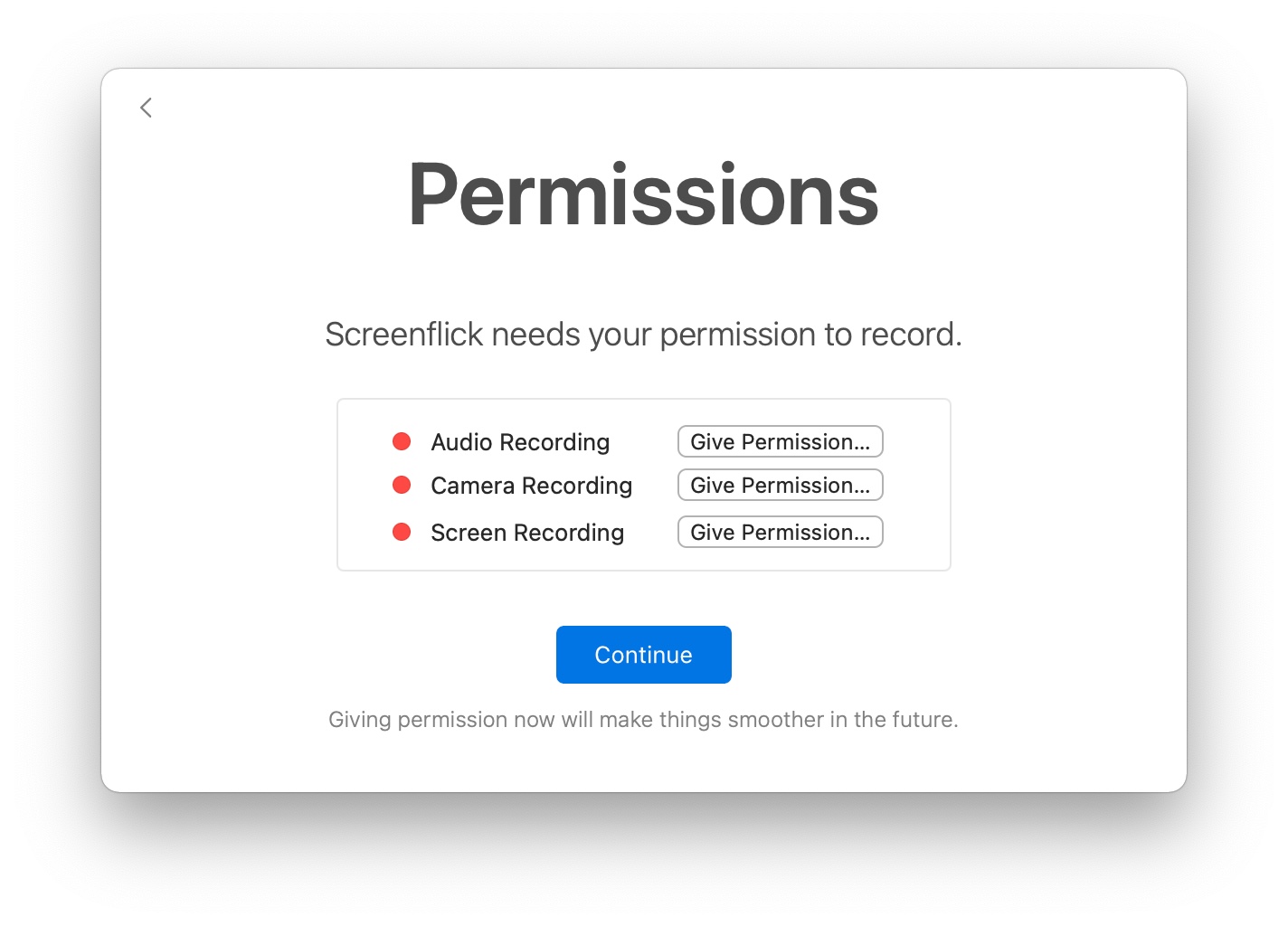 Screenflick's permissions setup