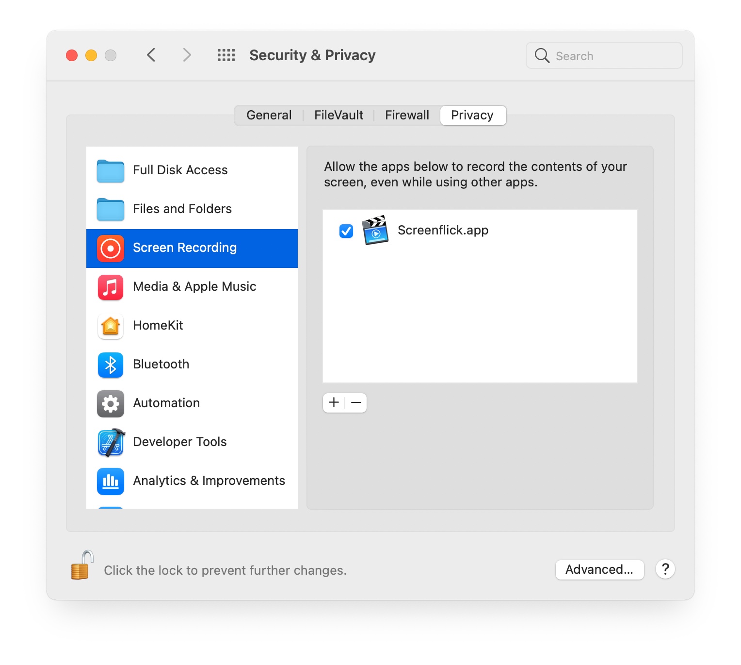 Privacy settings in System Preferences
