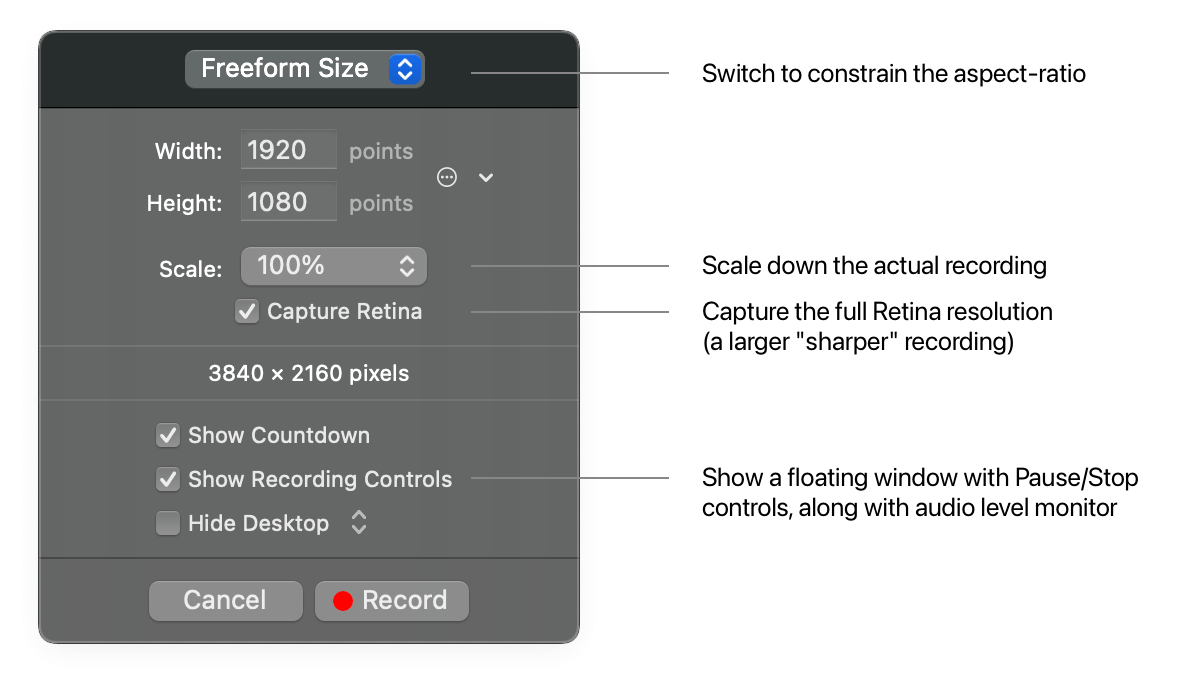 The selection window's options