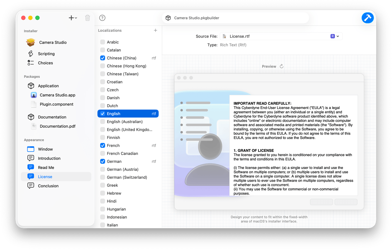 Localized license agreements, read me, and conclusion content